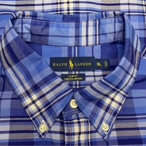 Ralph Lauren Slim Fit Shirt Men XL Blue Plaid Flesh Pony Long Sleeve Preppy